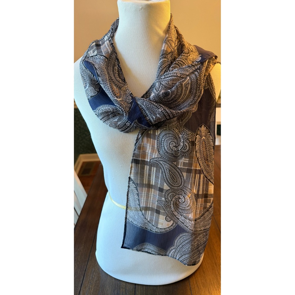Kasper Navy Blue Tan Paisley Plaid Sheer Rectangular Scarf Lightweight Wrap